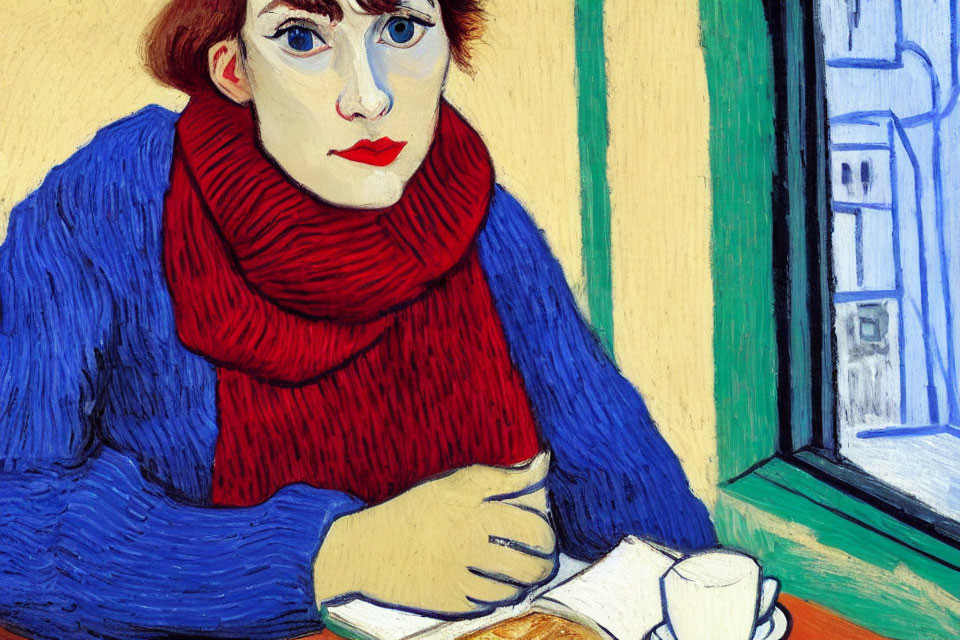 Close-up of painting: Woman with red hair, blue outfit, red scarf, by window