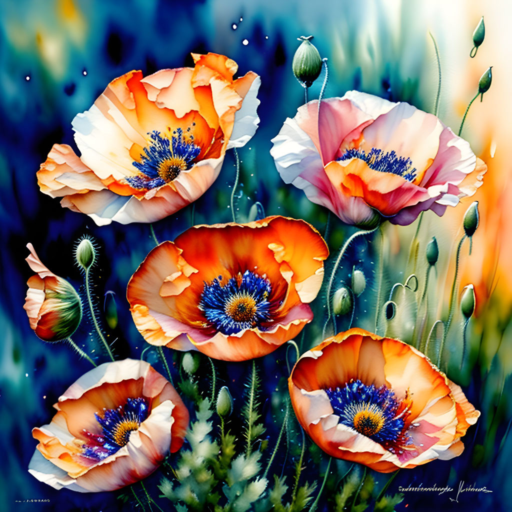 Colorful orange poppies on dark blue bokeh background with water droplets