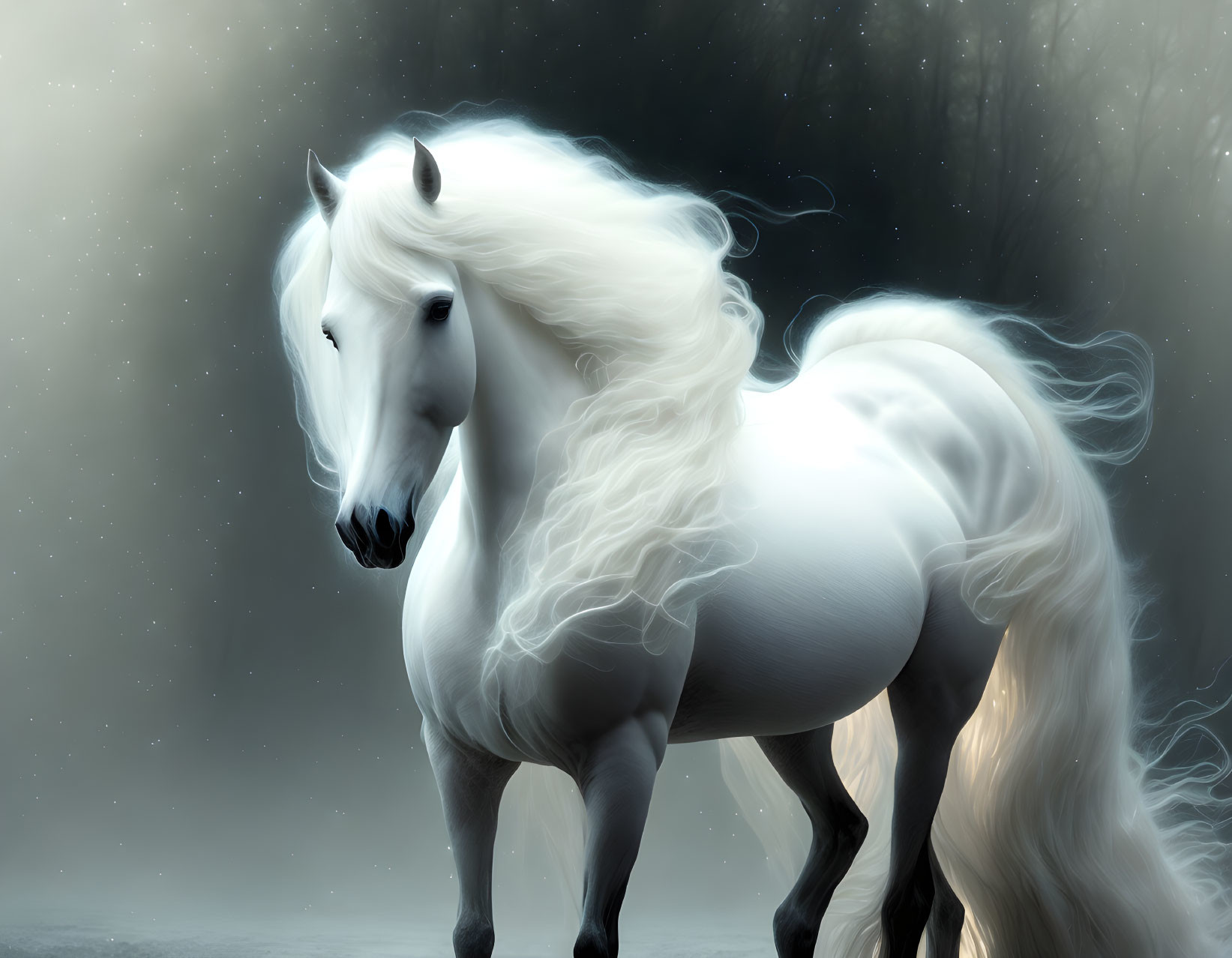 White Horse with Flowing Mane in Mystical Forest Setting