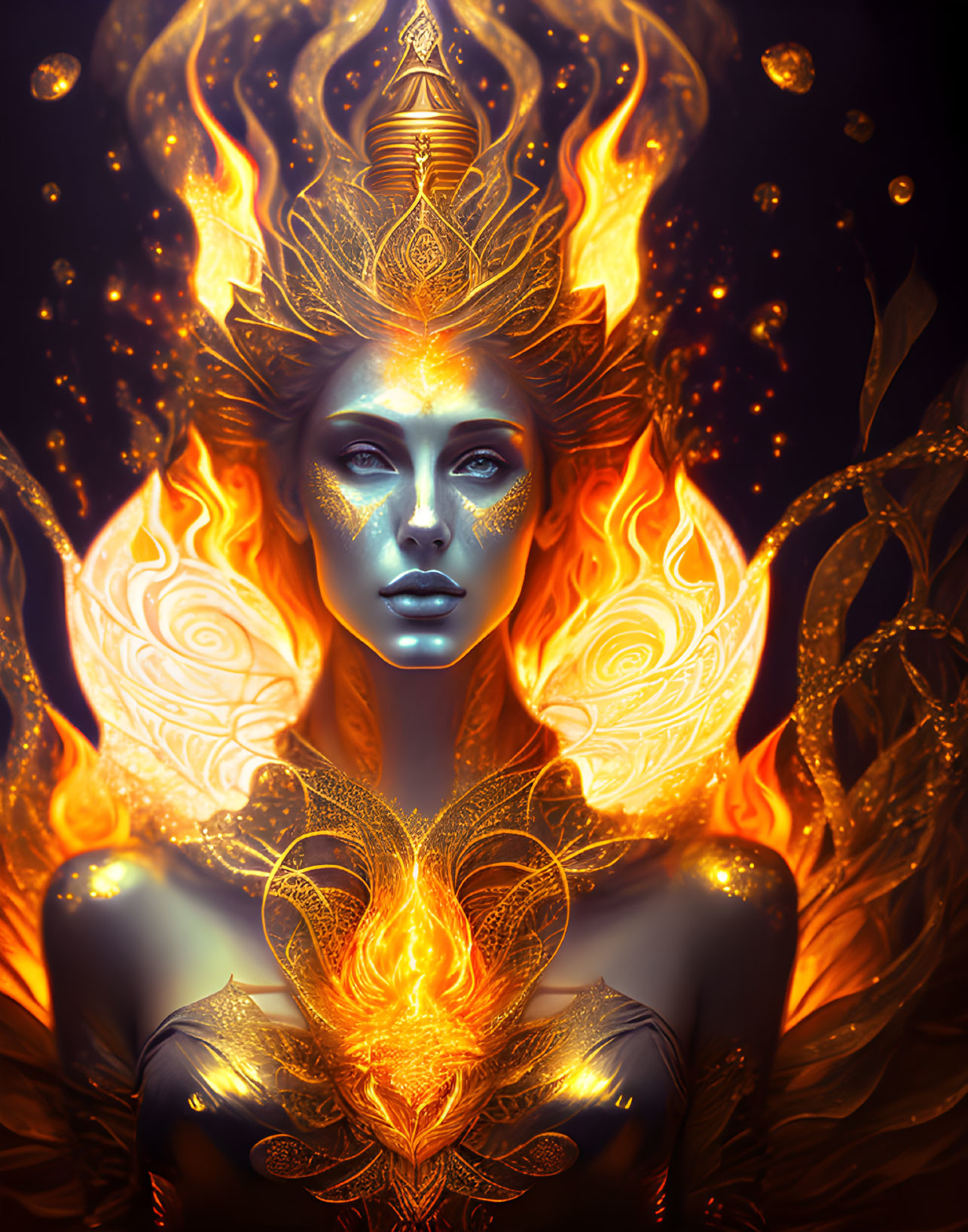 Mystical figure with golden fiery wings and crown on dark background