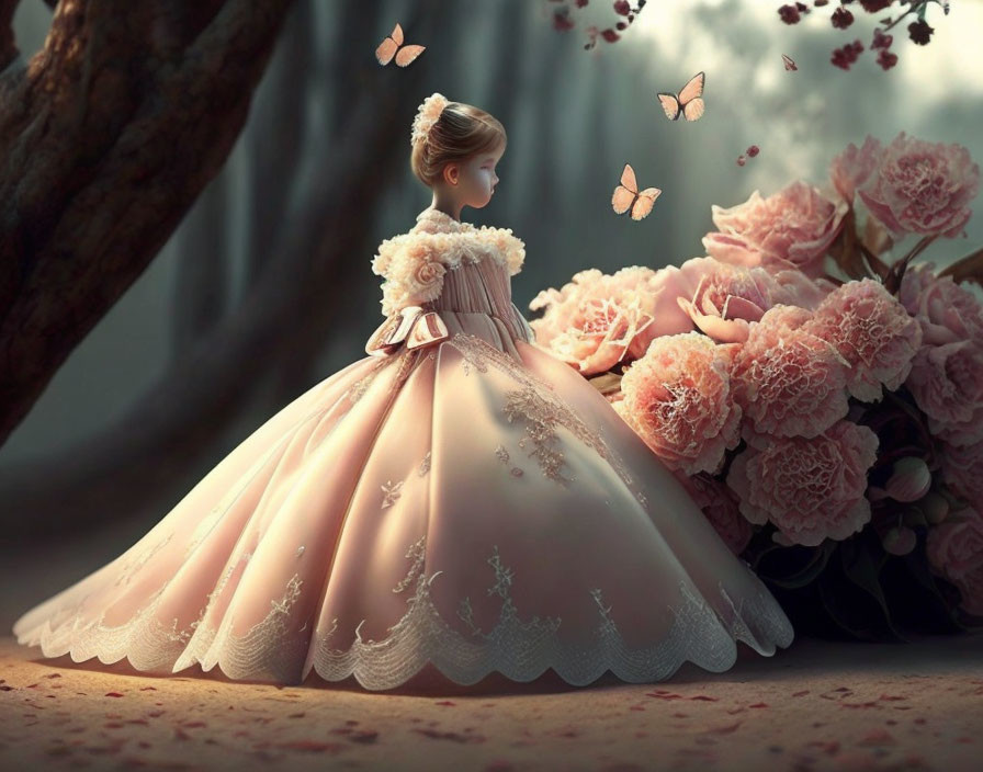 Digital artwork: Girl in ball gown with butterflies and flowers