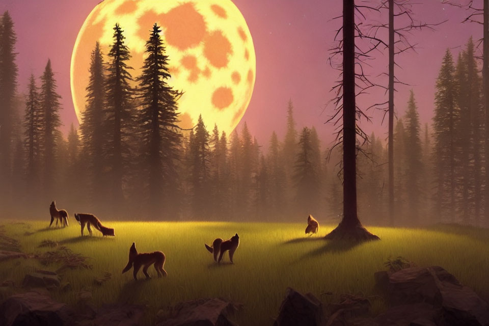 Mystical forest scene with wolves under giant yellow moon