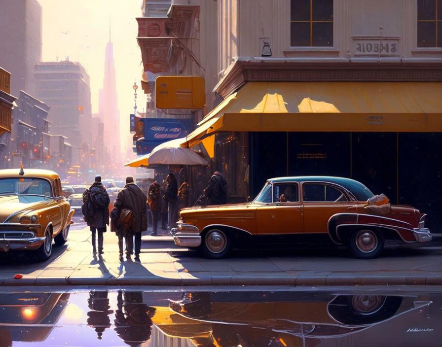 Vintage cars, pedestrians, and sunset glow in city street scene