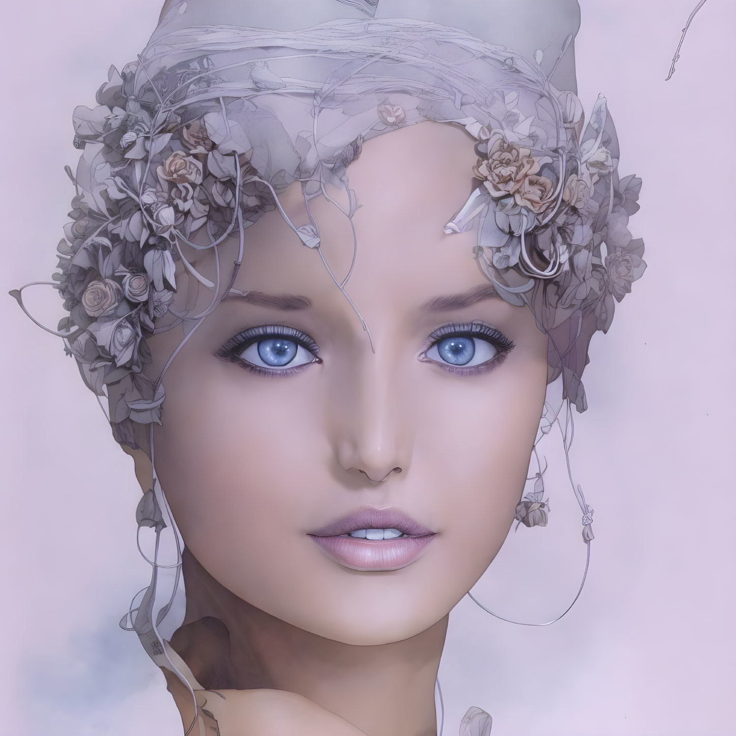 Ethereal digital art portrait of a woman with vibrant blue eyes and floral headdress