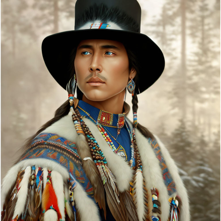 Traditional Native American Man Portrait in Black Hat and Beaded Jewelry