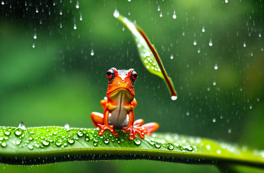 Vibrant red frog with black eyes under leaf in lush green setting