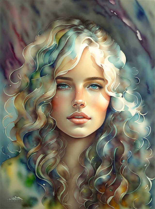 Stylized portrait of woman with blonde hair and blue eyes in soft watercolor tones