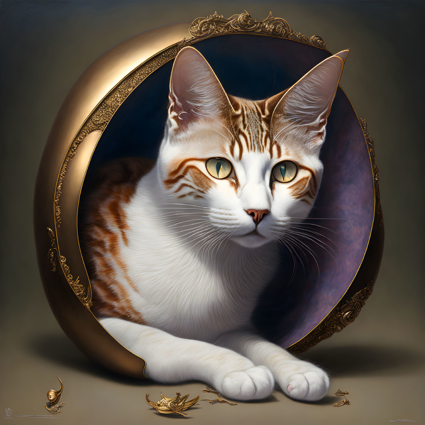 Realistic White and Orange Tabby Cat Illustration with Green Eyes in Gold Circular Frame