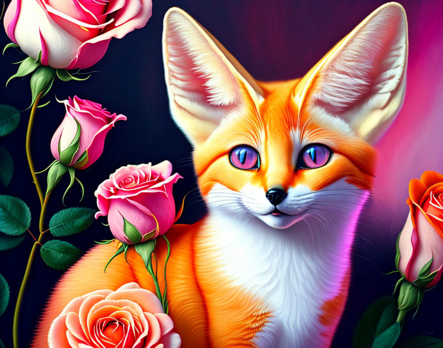 Colorful digital artwork: Orange fox with purple eyes in floral setting