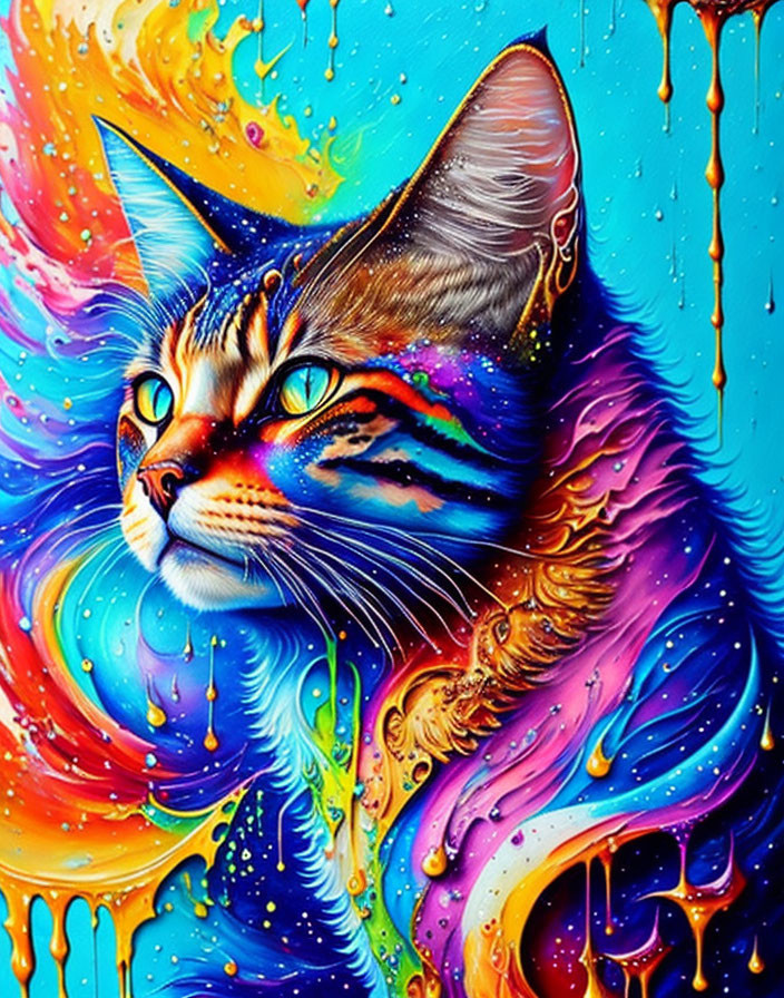 Colorful Cosmic Cat Painting with Dripping Details