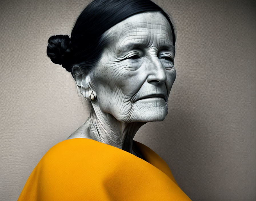 Elderly woman with deep wrinkles in yellow garment