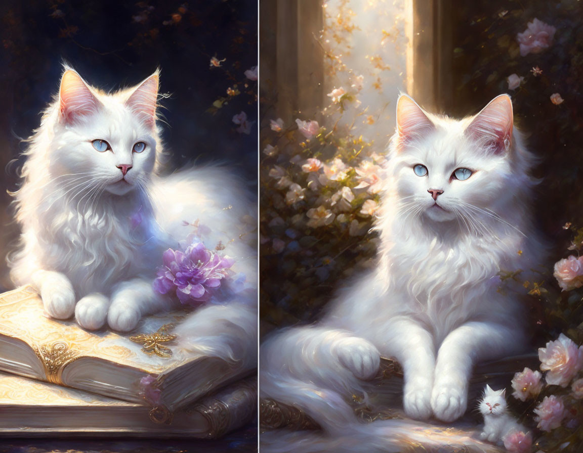 Majestic white cats with blue eyes beside a book and flowers in sunlight