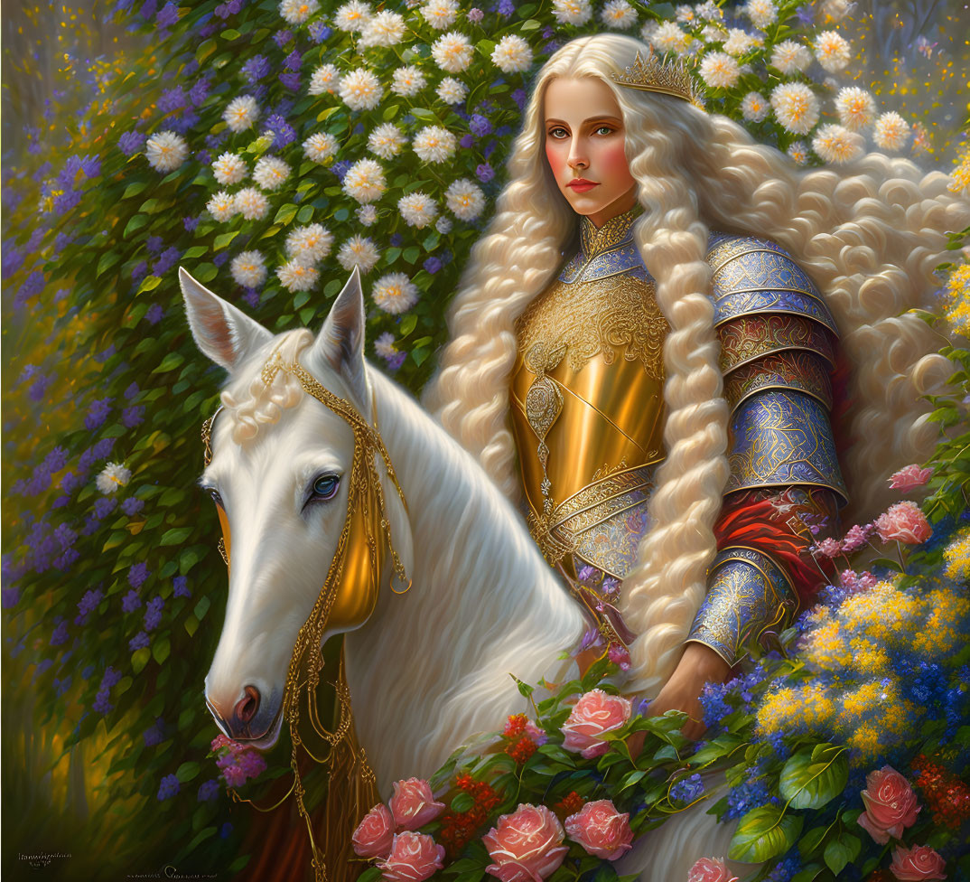 Blonde woman in golden armor with white horse amidst vibrant flowers