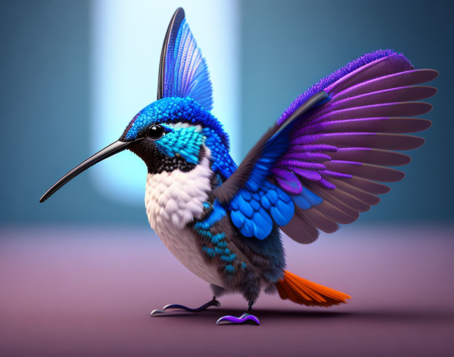 Colorful digital artwork of a hummingbird with blue and purple wings and intricate feathers.