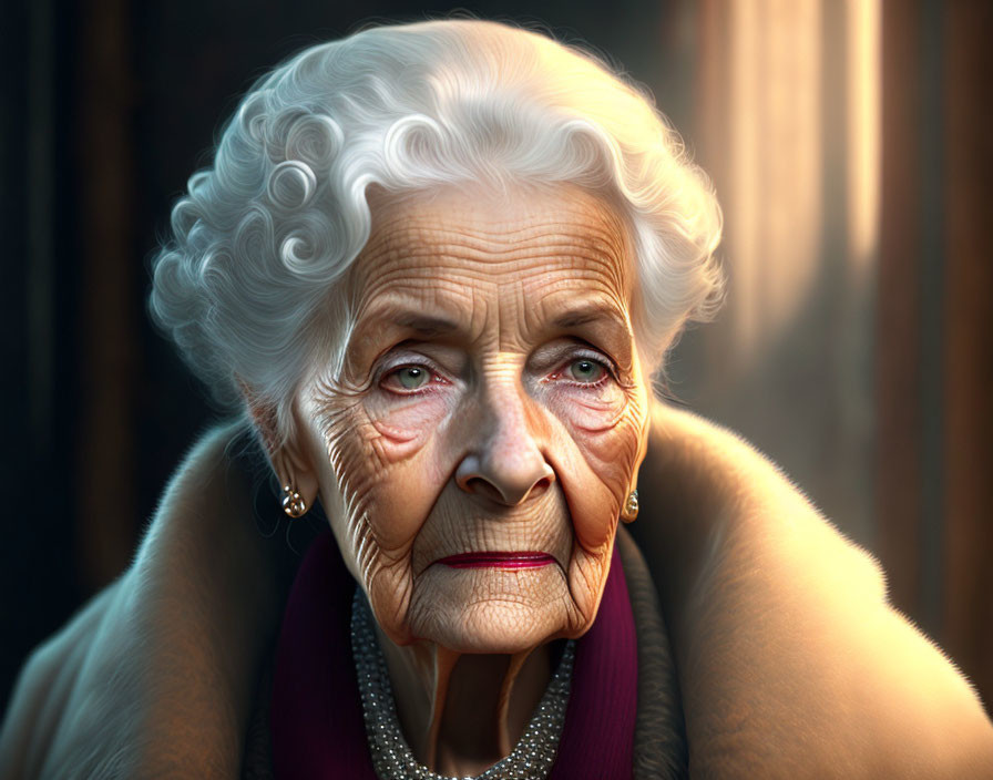 Elderly woman with white hair and pearls in sunlight