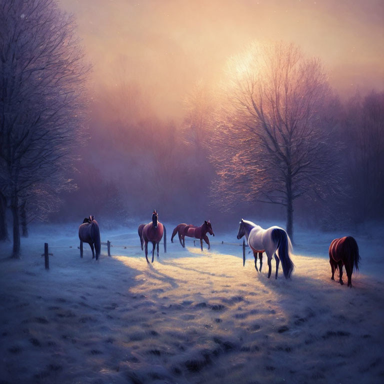 Tranquil dawn scene: Horses grazing in misty meadow at sunrise