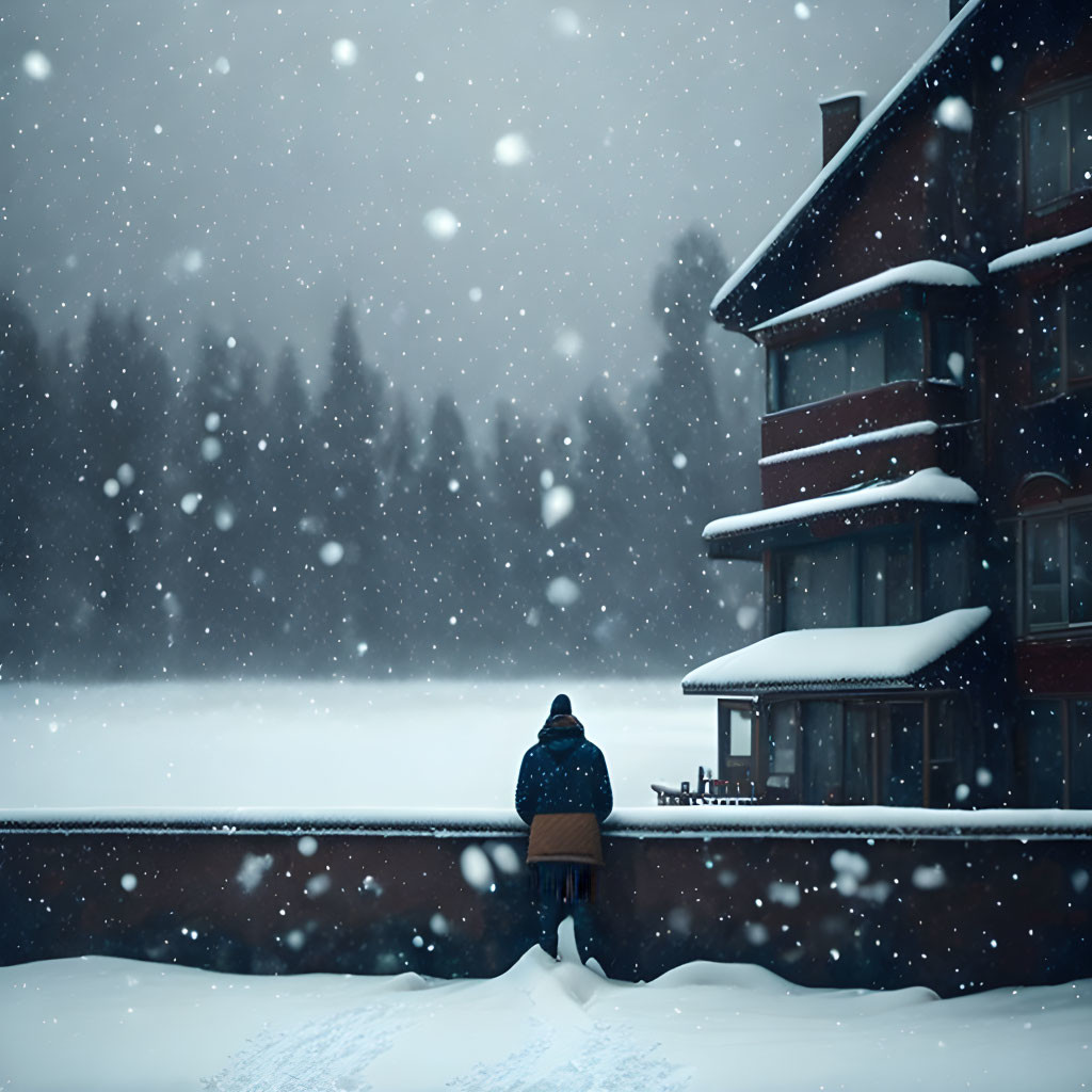 Snow-Covered Wooden House in Tranquil Winter Forest