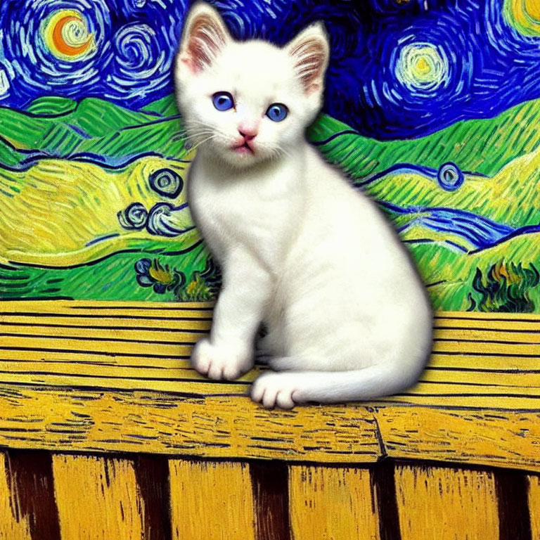 White Kitten with Blue Eyes in Front of "Starry Night" Painting