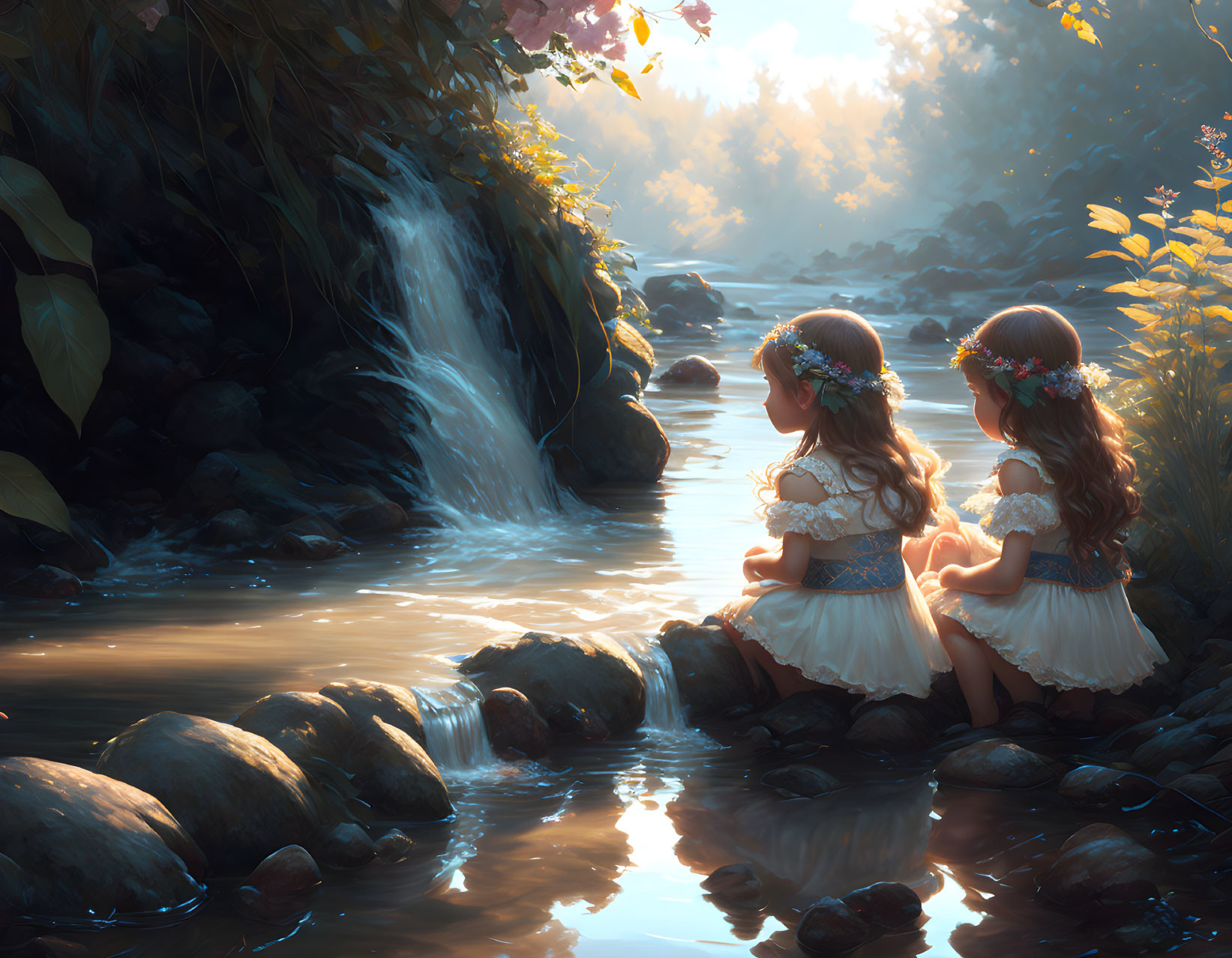 Two girls with floral wreaths by forest stream and waterfall