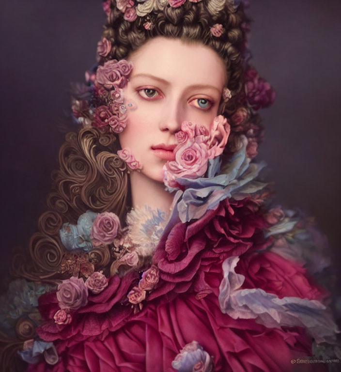 Surreal portrait of woman with floral face blending into ruffled pink attire