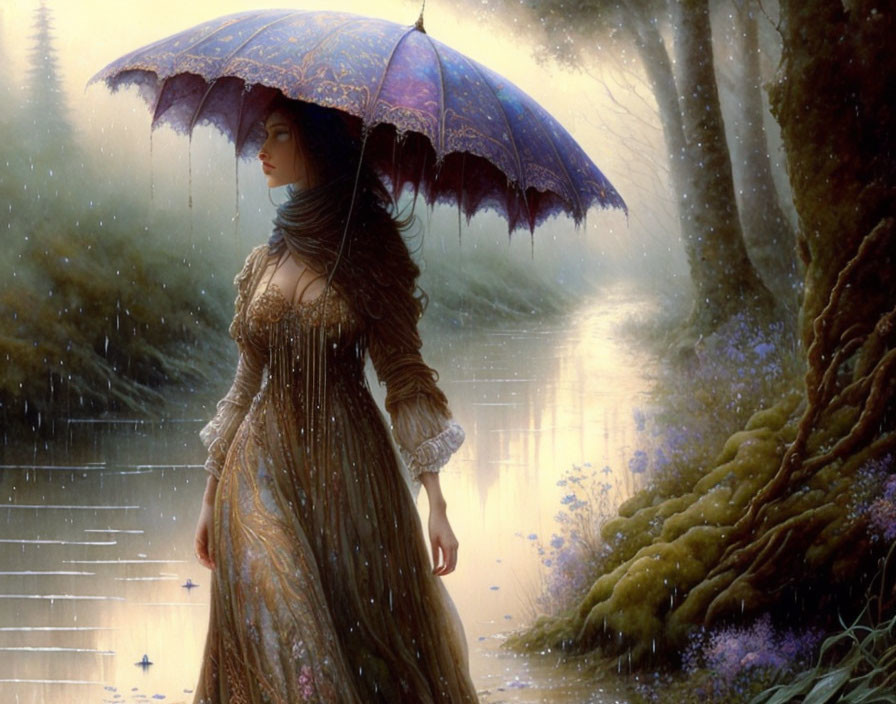 Woman in vintage attire under umbrella in rain-kissed forest setting