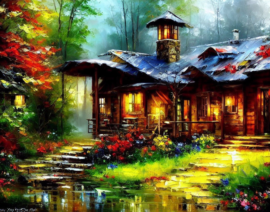 Scenic painting of cozy cabin in colorful nature