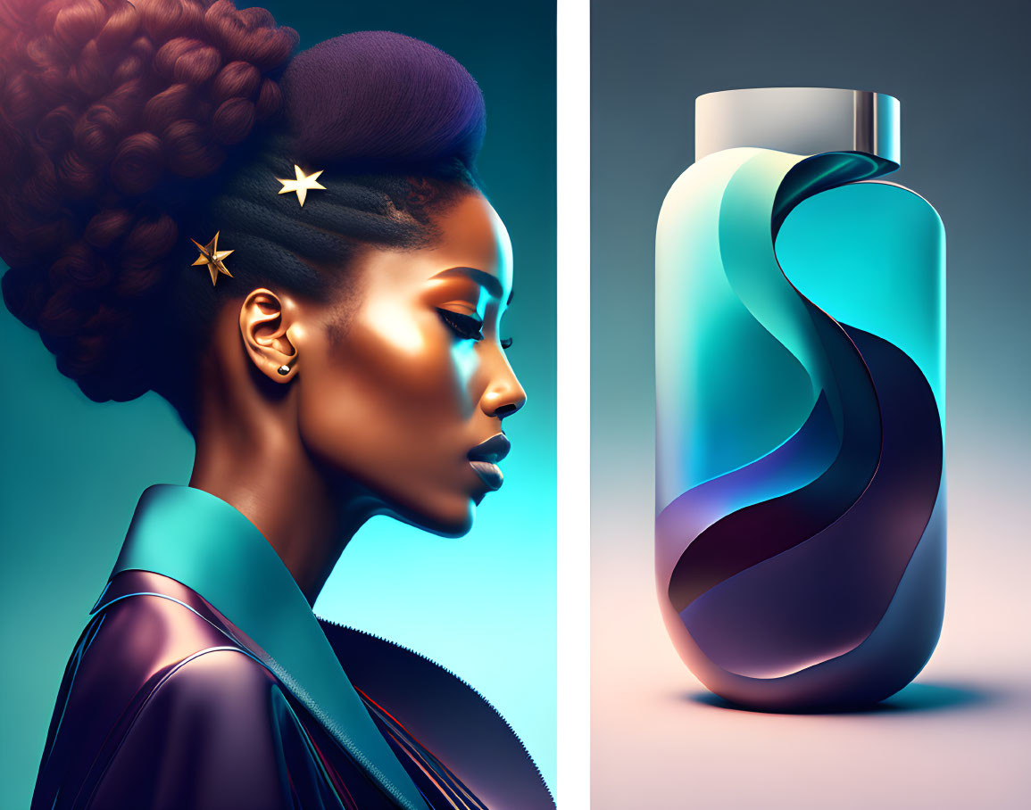 Woman with Elaborate Updo and Star Decorations Next to Swirling Blue Bottle