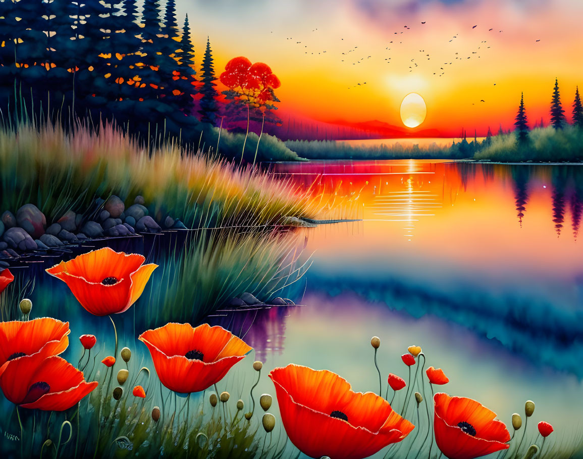 Tranquil lake at sunset with red poppies, orange hues, and silhouetted pine