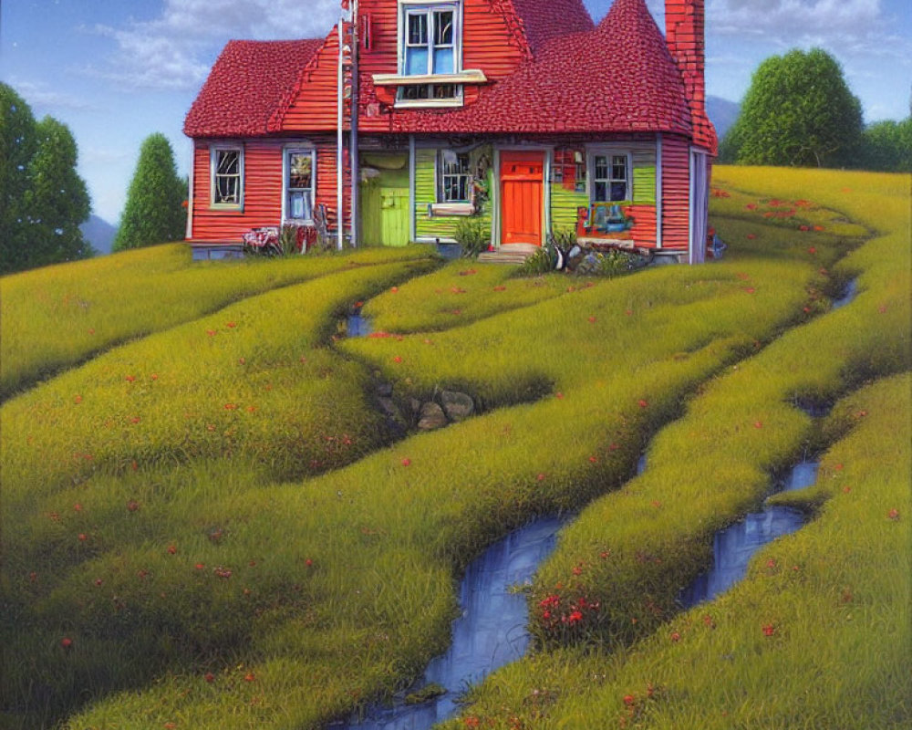 Vibrant Red House Painting on Rolling Hills with Stream and Flowers