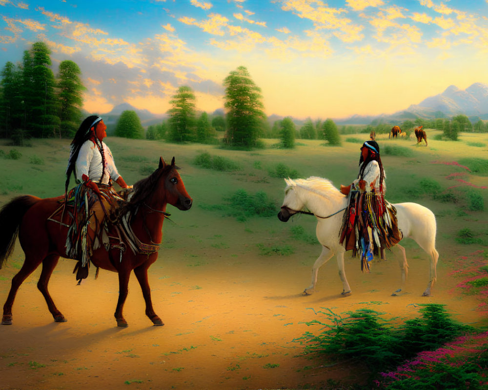 Indigenous individuals on horseback in tranquil meadow with mountains and colorful sky