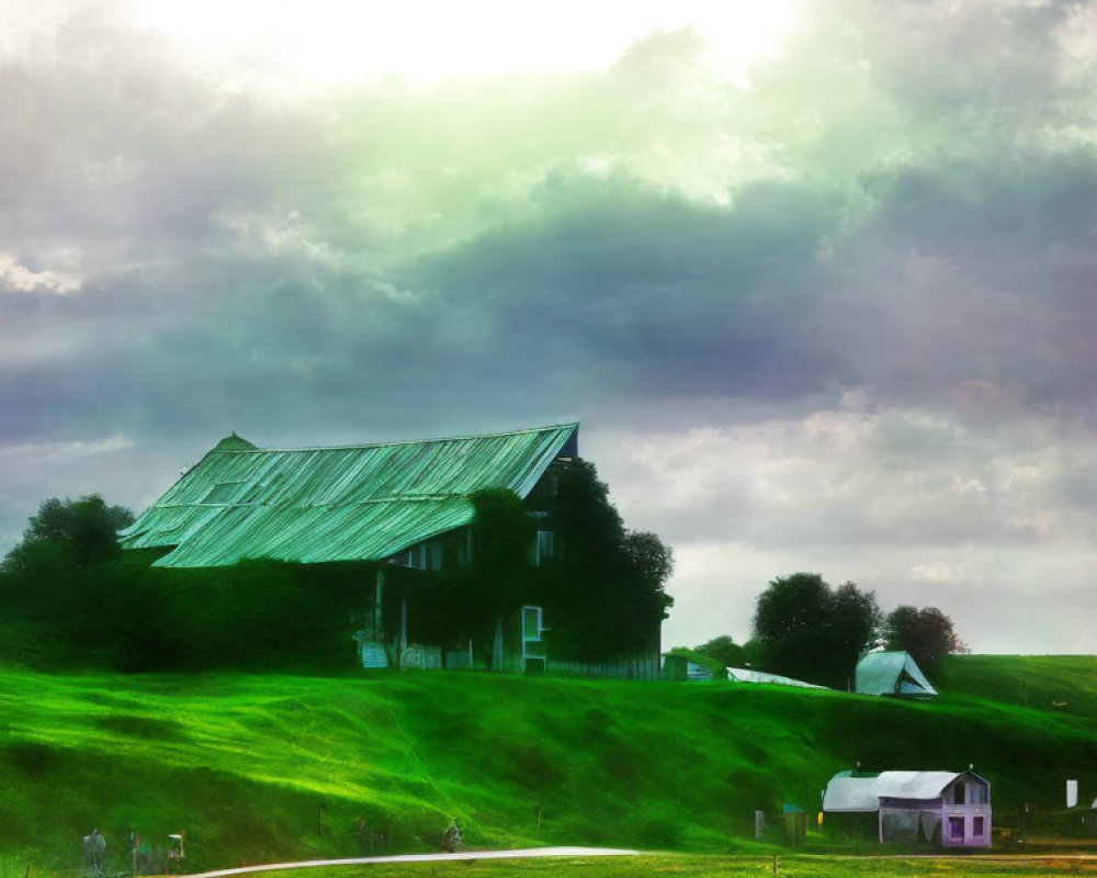 Rustic house and barn on vibrant green hills under dramatic sky