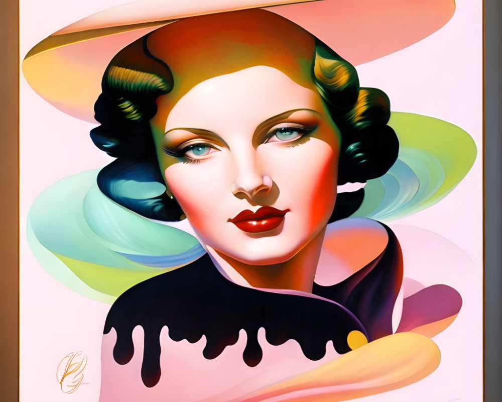 Colorful Stylized Portrait of Woman with Wide-Brimmed Hat & Surreal Elements