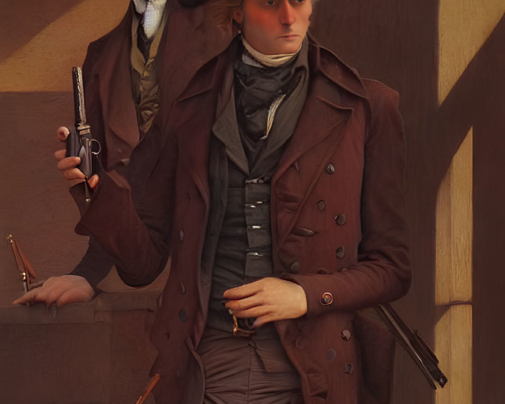 Men in 18th-Century Attire with Pistol Against Brown Wall