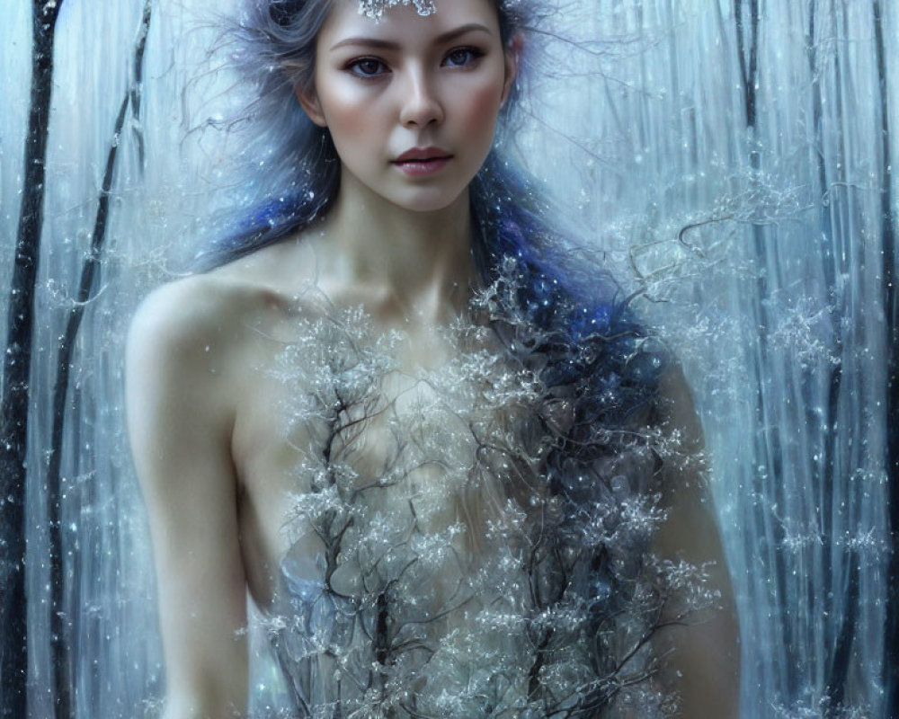 Ethereal makeup woman with crystal tiara in mystical winter scene