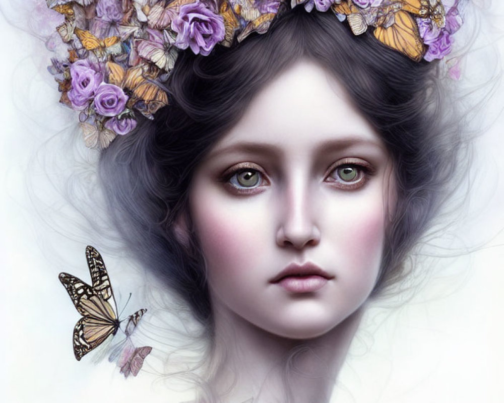 Fantasy portrait of woman with pale skin, grey eyes, purple flower crown, orange butterflies, eth