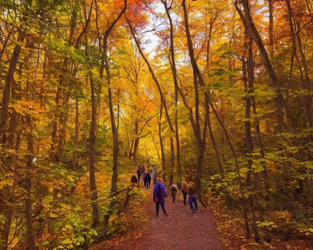 Group of People Walking Among Vibrant Autumn Foliage