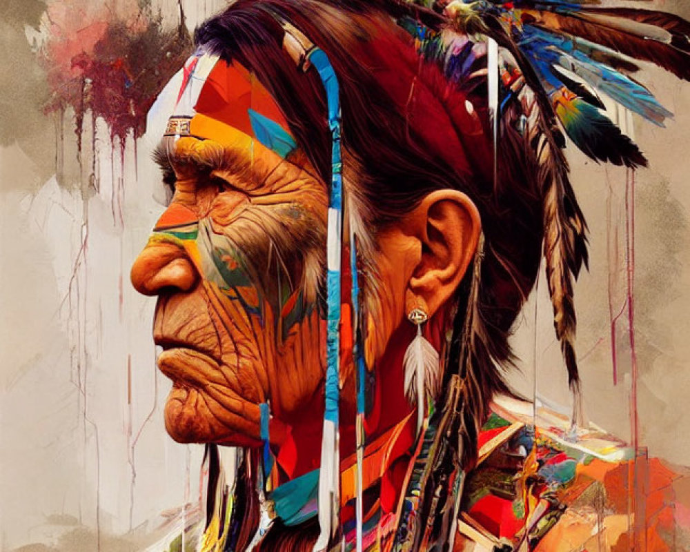 Native American elder with colorful headdress and face paint in vibrant abstract art