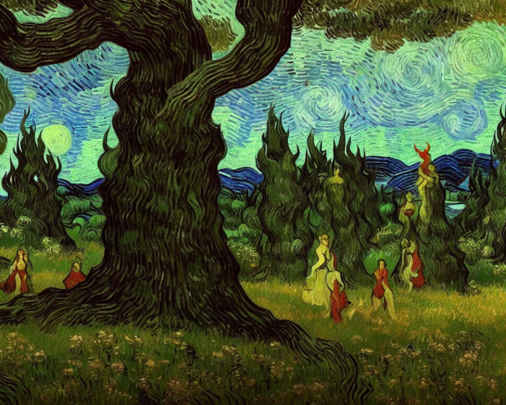 Colorful painting of moonlit sky, twisted trees, and classical figures in lush scenery