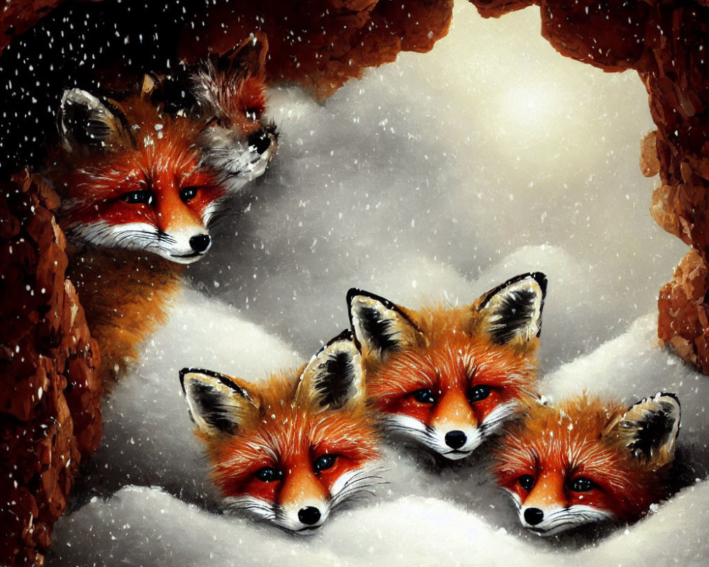 Four Foxes Huddled in Snowy Den with Falling Snow