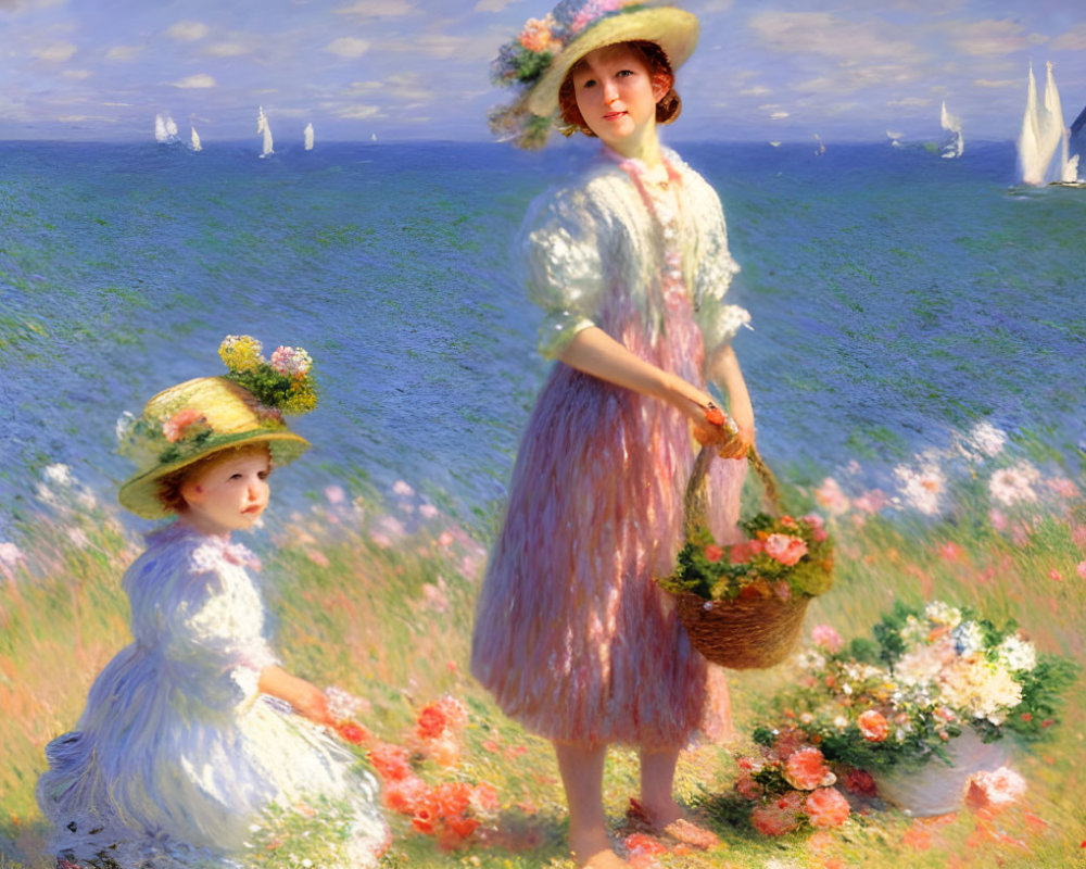 Vintage Dresses and Hats: Two Girls in Flower Field with Sailboats