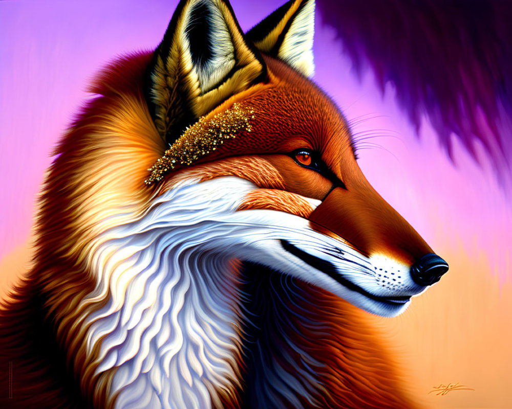 Colorful digital painting of a fox with orange, white, and purple hues, showcasing intricate fur textures