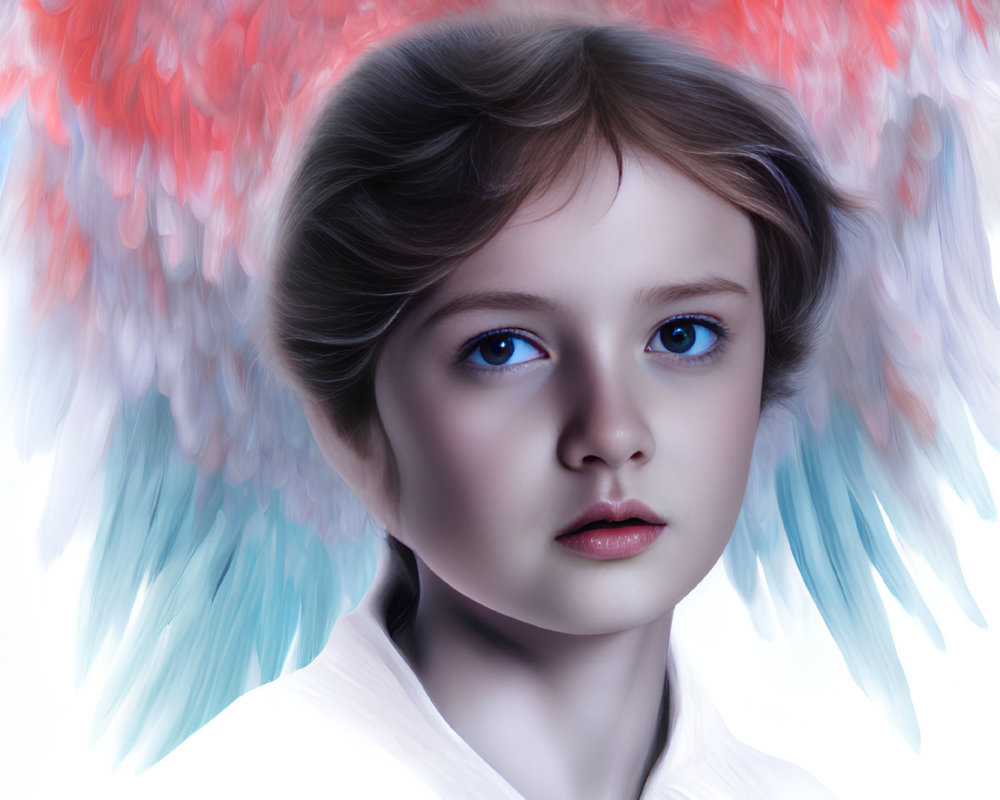 Vibrant digital portrait of young girl with red to blue gradient angel wings