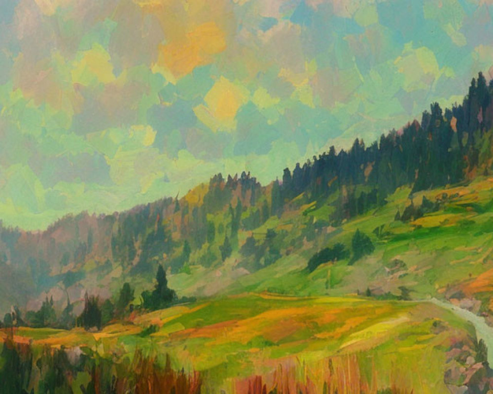 Colorful landscape painting of lone tree on grassy hill with path leading to forested mountains under cloudy