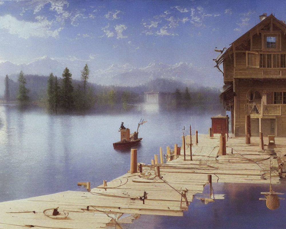 Tranquil lakeside cabin with dock, boat, fisherman, and mountain backdrop