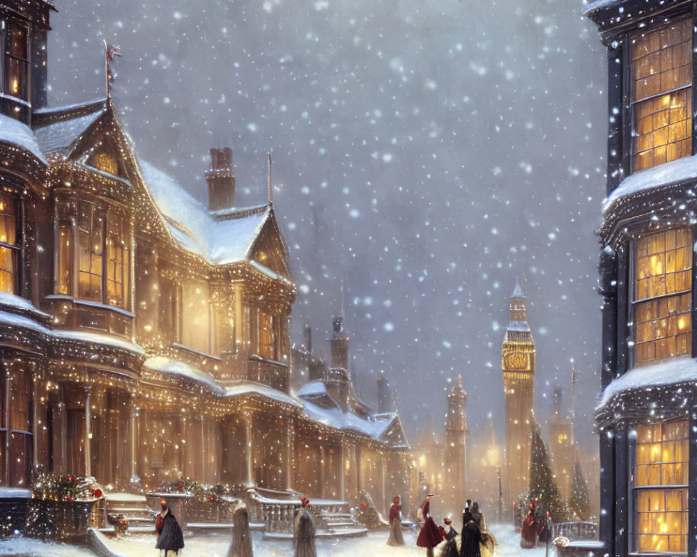 Victorian-style winter scene with snow, people, and clock tower.