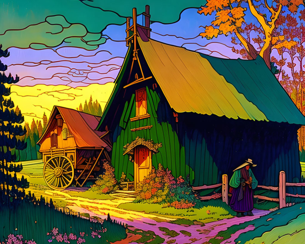 Illustration of colorful cottage, trees, and figure at twilight