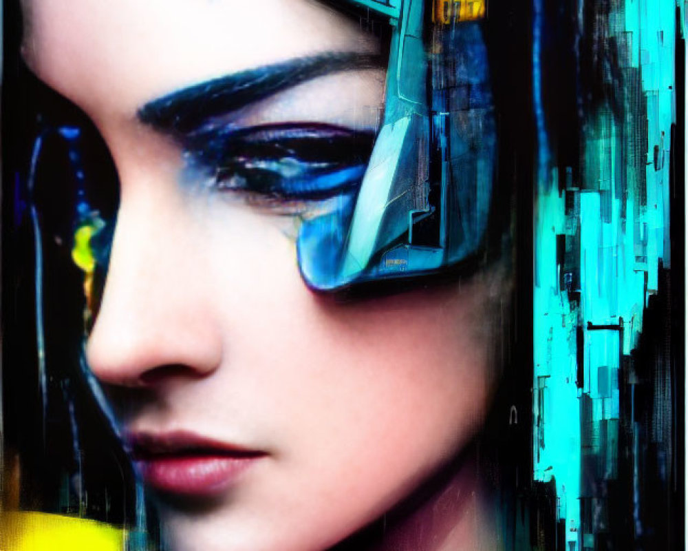 Digital artwork: Woman with blue hair, cybernetic enhancements, futuristic visor, glitch effects