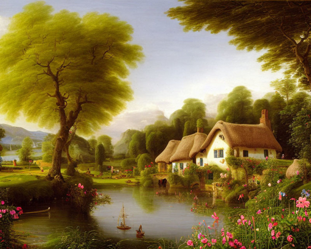 Tranquil countryside with thatched-roof cottages, pond, flowers, trees, sailboat