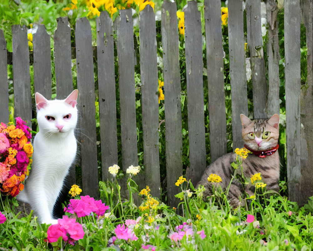 Two Cats Sitting with Colorful Flowers and Wooden Fence