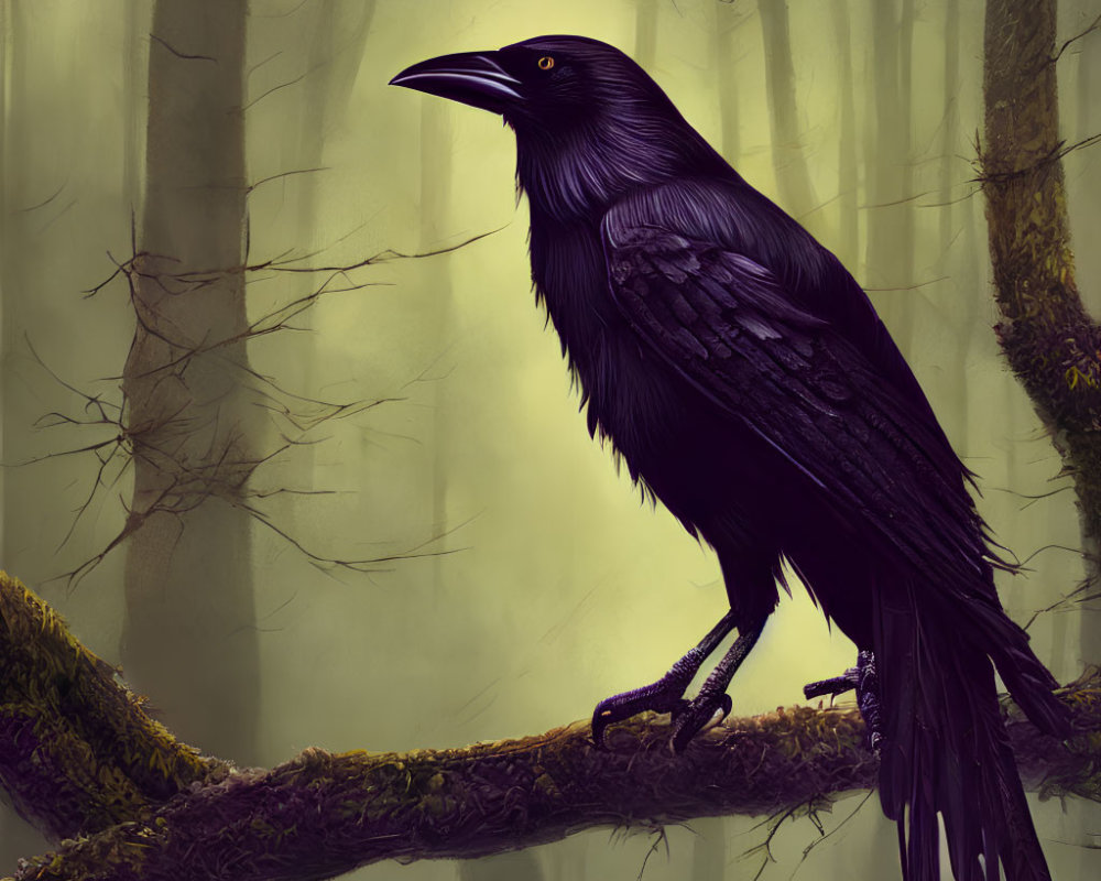 Misty forest scene: Raven on mossy branch, slender trees & vines